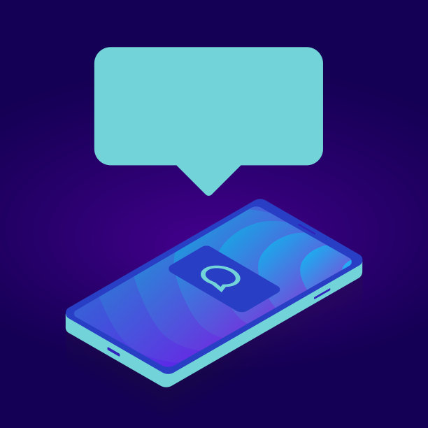 智能手机设备的小玩意与气泡你的文字或图片。等距智能手机插图，时尚的霓虹灯颜色，孤立在黑暗的背景。图片下载