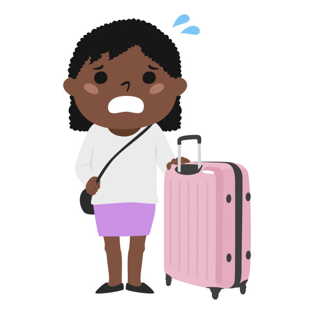 一个陷入困境的旅行者的插图。一个外国女人提着一个大箱子走着。图片下载