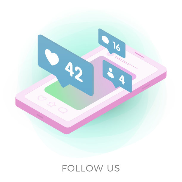 跟着我们-矢量图标。屏幕上有社交网络的等距智能手机，上面有心形、订阅和评论。孤立在白色背景插图图片下载