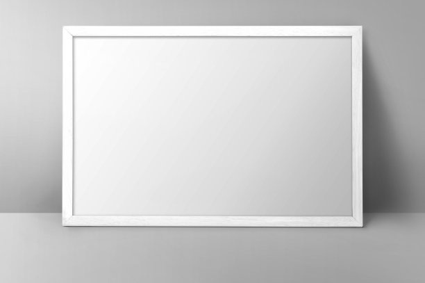 模拟与水平空白色木框架在灰色的墙壁背景图片下载