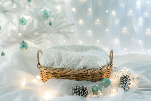 用圣诞树和雪装饰的婴儿篮子图片下载