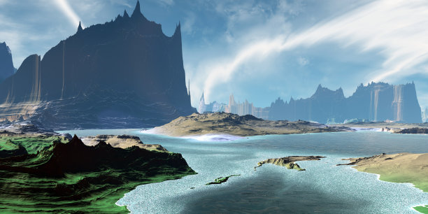 外星人的星球。山和湖。三维渲染图片下载