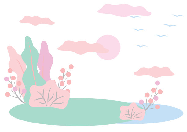 带有太阳和树木的抽象景观。鸟类的飞行。现代平蜡笔矢量插图孤立在白色背景。图片下载