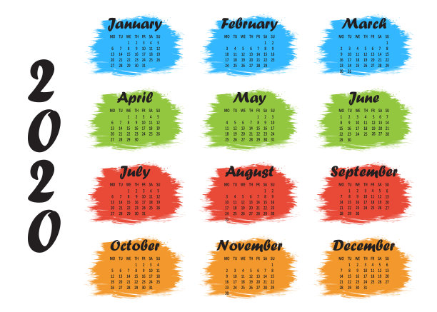 彩色模板年日历2020。一周从星期一开始。向量图片下载