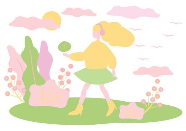 戴着耳机的女孩在春天散步。她手里拿着一片绿叶。背景是树木环绕的风景。粉彩矢量现代平面插图孤立的白色背景。图片下载