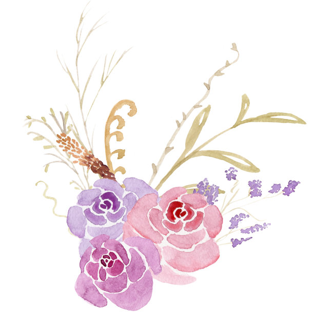 水彩组成与蓝色，粉红色，红色玫瑰，其他花和叶子孤立在白色的背景图片下载