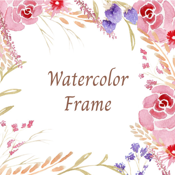 水彩框架红玫瑰，薰衣草和其他花和叶子图片下载