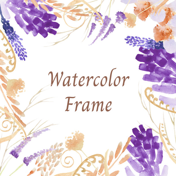 水彩框架薰衣草，紫罗兰，水仙等花和叶子图片下载