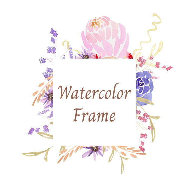 水彩框架薰衣草，玫瑰，牡丹，紫罗兰等花和叶子图片下载