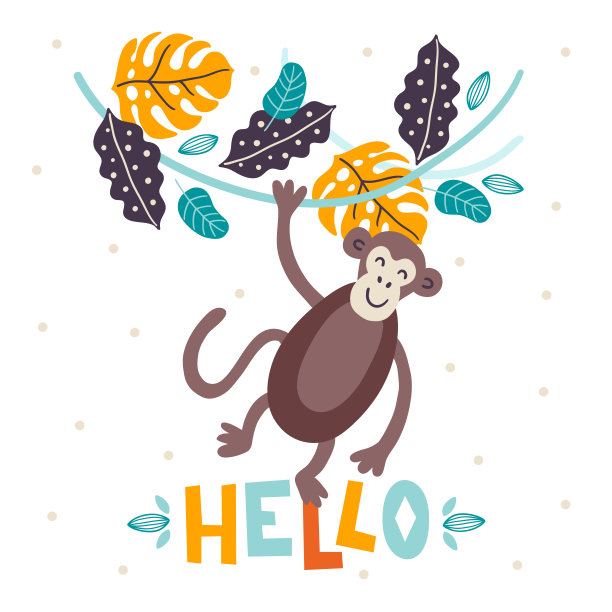 贺卡与有趣的猴子，藤本植物，热带棕榈树和怪物图片下载