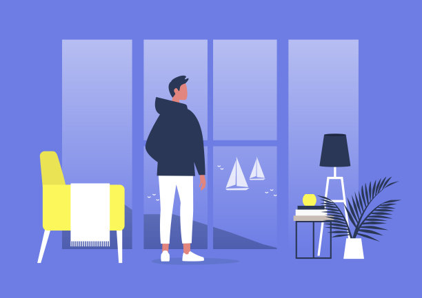 沉思，冥想和和谐，年轻的男性角色从一间带家具的公寓的窗户往外看图片下载