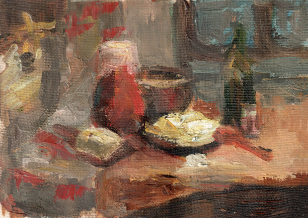 油画静物写生。几个颜色选项。靠窗的凳子上放着自制的乡村静物用具饺子和猪油。石油纹理背景。图片下载