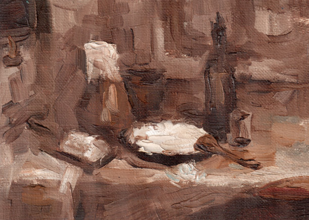 油画静物写生。几个颜色选项。靠窗的凳子上放着自制的乡村静物用具饺子和猪油。石油纹理背景。图片下载