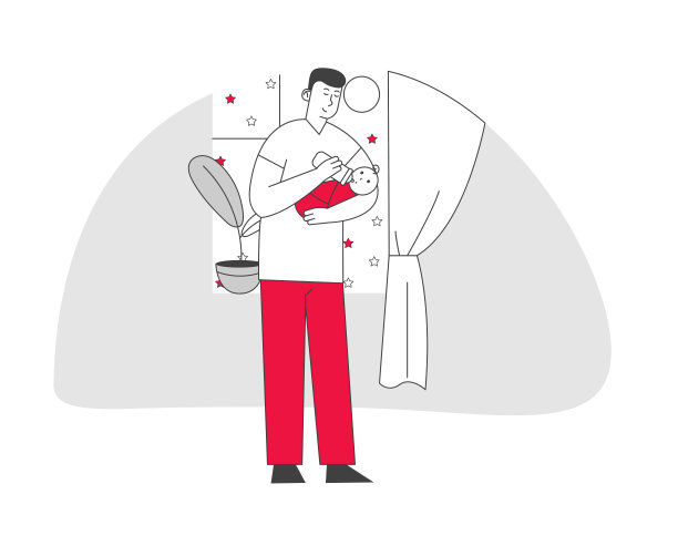 幸福的家庭一起度过时光。爸爸用奶瓶喂儿子，用手抱着孩子。单亲父亲抚养孩子。小男孩与爸爸吃早餐，卡通平面矢量插图，线条艺术图片下载