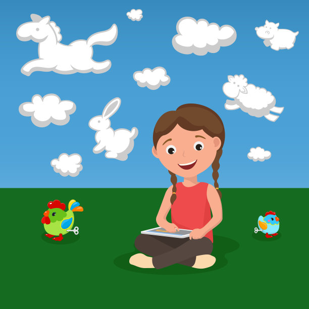 快乐的卡通女孩与数据平板电脑和玩具在绿色的草地和图片下载