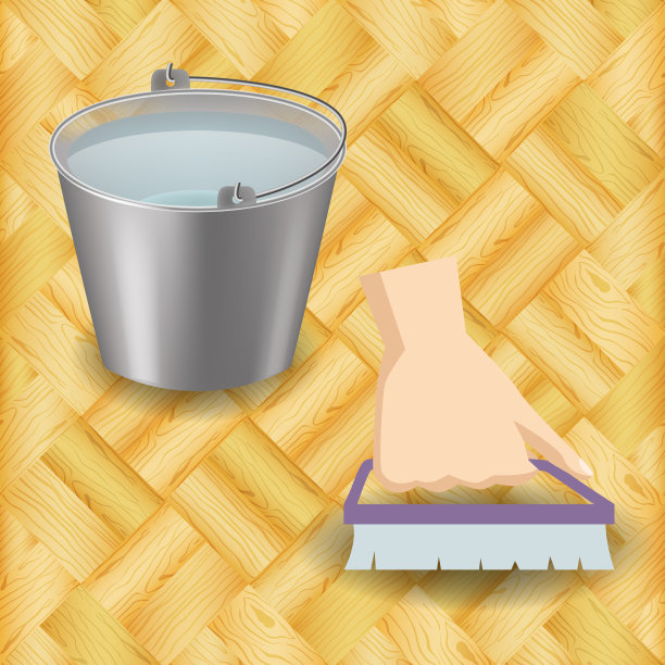 专业的木地板清洁服务矢量插画。清洁木地板与水桶和卡通手刷清洁海报图片下载