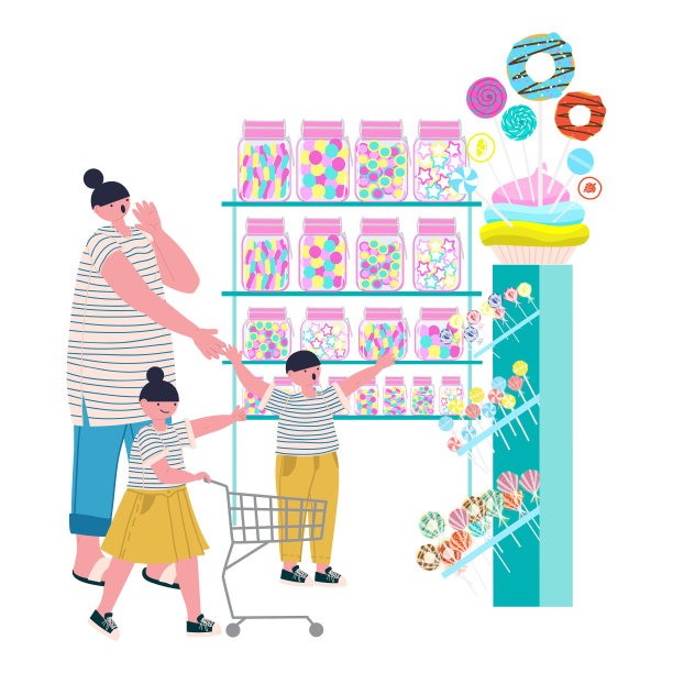 妈妈和孩子，女儿和儿子在超市的糖果部。时尚平面矢量插图图片下载