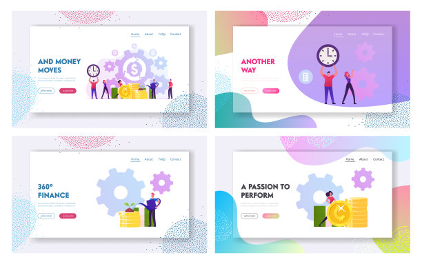 采购产品再融资，节省预算，钱退款股票市场网站登陆页设置。人财富不断增长。齿轮机构加工，时间管理网页横幅。卡通平面矢量插图图片下载