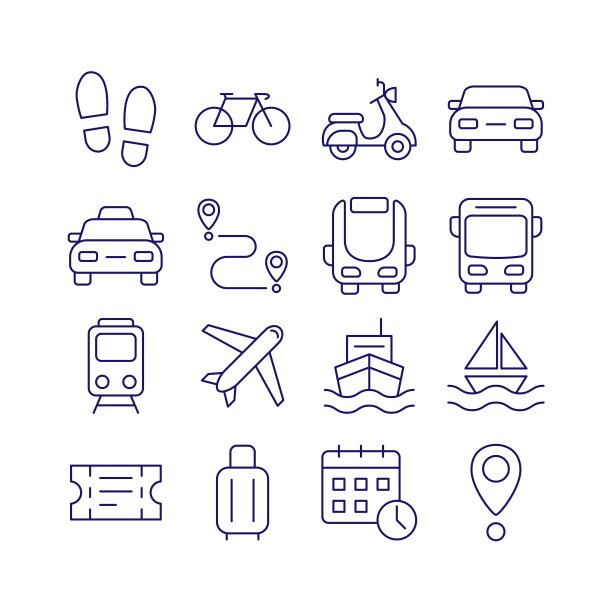 公共交通轮廓图标平面矢量集图片下载