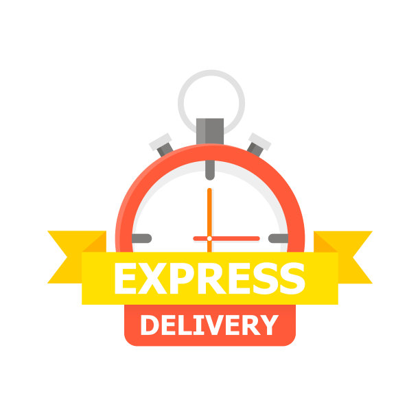 白色背景上描绘了一个用黄色胶带粘着“快递”字样的红色时钟。图片下载