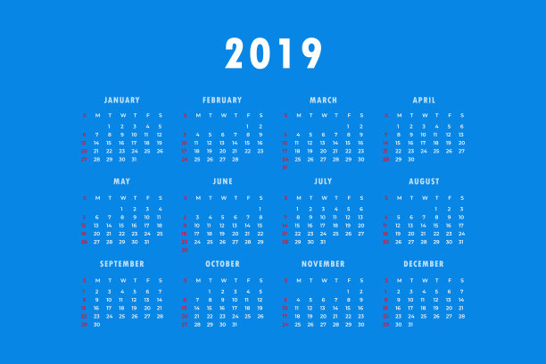 2019年日历以蓝色背景绘制。素材图片