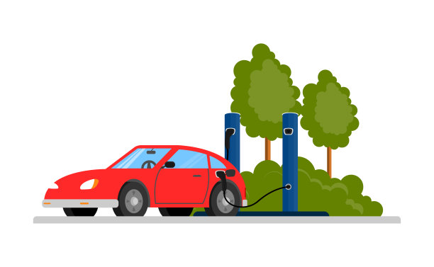 那辆红色的电动汽车用充电器充电。环保的交通工具。白色背景。图片下载