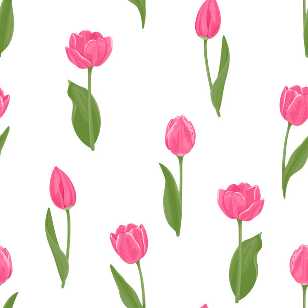 粉红色郁金香无缝图案。春天鲜艳的花，茎和叶在白色的背景。矢量颜色假日插图在卡通平面风格。图片下载