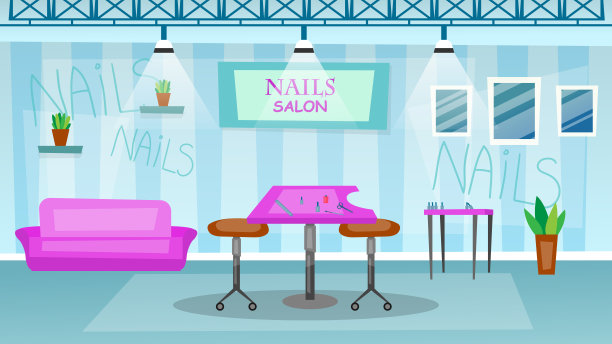 美甲和足疗沙龙室内概念。空的美容沙龙内部的工具和家具。卡通平的风格。矢量图图片下载
