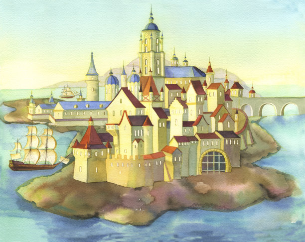 童话般的城堡。欧洲中世纪王子宫殿里的童话小美人鱼。幻想。儿童壁纸，家庭装饰，插图的童话，书籍，明信片，游戏，拼图。图片下载