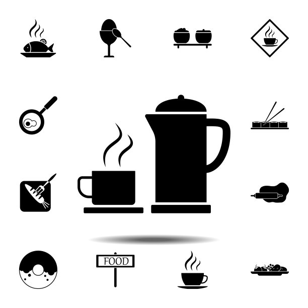 茶、茶壶、杯子图标：食品UI/UX网站或移动应用简约标志元素图片下载