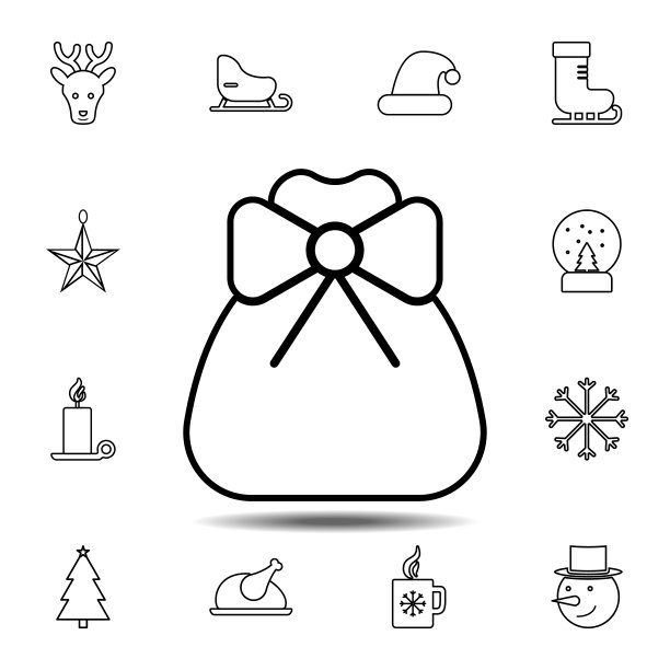袋与弓图标。简单的细线，轮廓向量元素的圣诞快乐图标设置的用户界面和用户体验，网站或移动应用程序图片下载