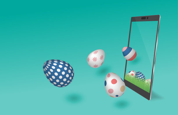 销售横幅，网上购物的移动应用概念。复活节特价背景。素材图片