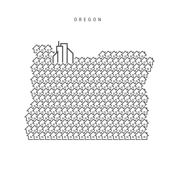 俄勒冈州房地产地图。俄勒冈州地图上的房屋图标。矢量图图片下载