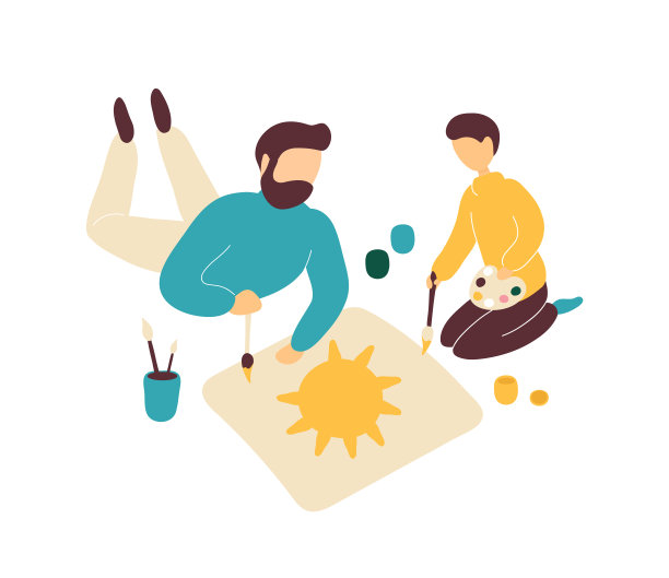 父亲和小儿子在地板上画。图片下载