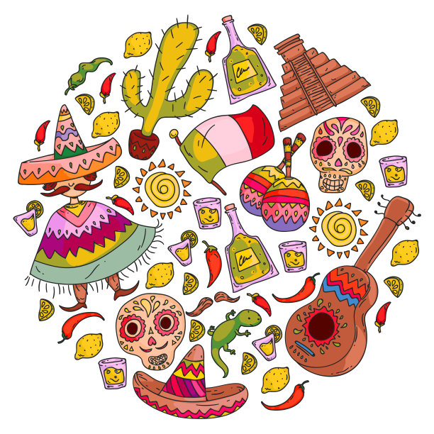 到墨西哥旅行。矢量设置与种族元素的壁纸，背景。亡灵节图片下载