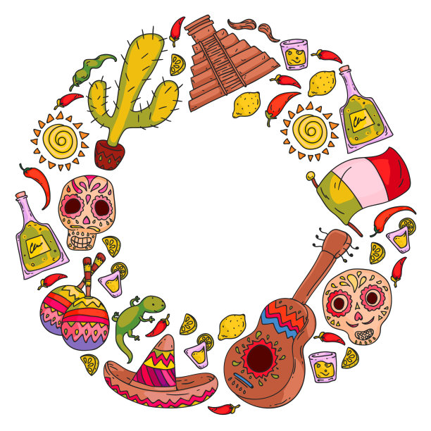 到墨西哥旅行。矢量设置与种族元素的壁纸，背景。亡灵节图片下载