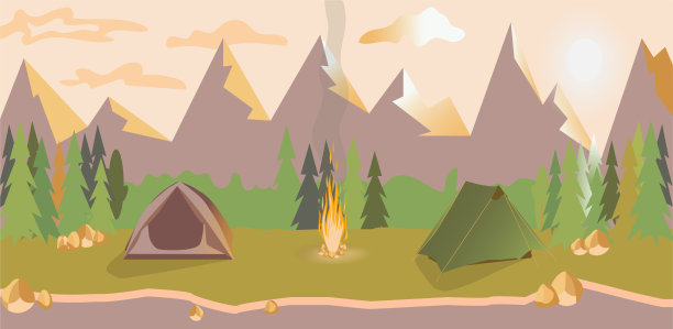 自然的生活。的旅程。晚上在河边的山上露营。徒步旅行。旅行。冒险。篝火。山的风景。日落户外娱乐平面插图。横幅的网站图片下载