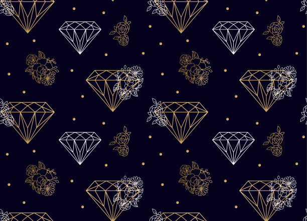 钻石和花朵无缝矢量图案。蓝色上的金线。图片下载