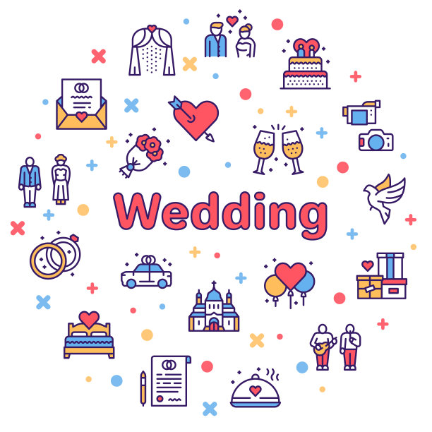 婚礼颜色线性向量图标集。永远爱你的图片下载