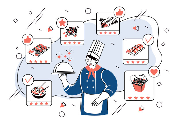 在网上订购一份餐点。一个手里拿着菜的专业厨师。图片下载