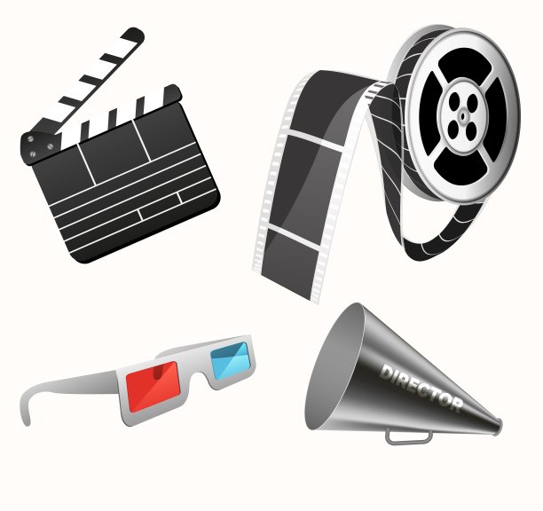 电影3 d图标。摄像机电影立体眼镜拍手和扩音器为电影制作矢量逼真的图片。图片下载