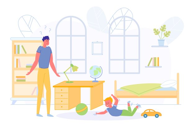 困惑的父亲站在儿子旁边歇斯底里。图片下载