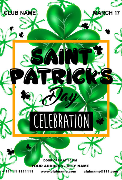 圣帕特里克节的海报。绿色的苜蓿叶。爱尔兰夜派对横幅或海报。邀请迪斯科派对。排版。矢量图图片下载