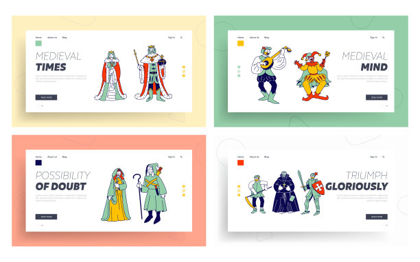 中世纪历史人物网站登陆页面设置。皇家皇后和国王夫妇，僧侣巴德歌手骑士，农民在历史服饰网页横幅。卡通平面矢量插图，线条艺术图片下载