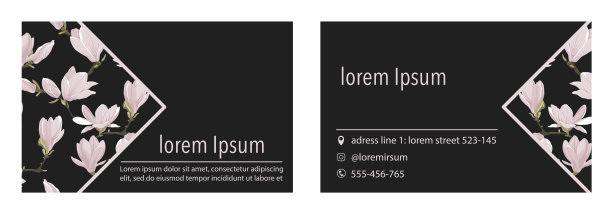 矢量名片模板与木兰花在三角形角上在一个深灰色的背景。品牌花艺设计图片下载