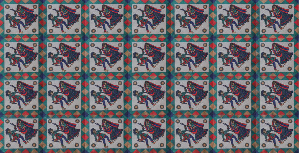 无缝涂鸦图案，手绘卡通夫妇玩棍舞丹迪亚为纺织模板。图片下载