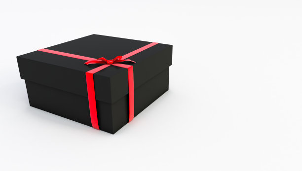 黑色礼盒的3d渲染，白色背景上有闪亮的红丝带，节日装饰元素。生日或周年纪念礼物图片下载