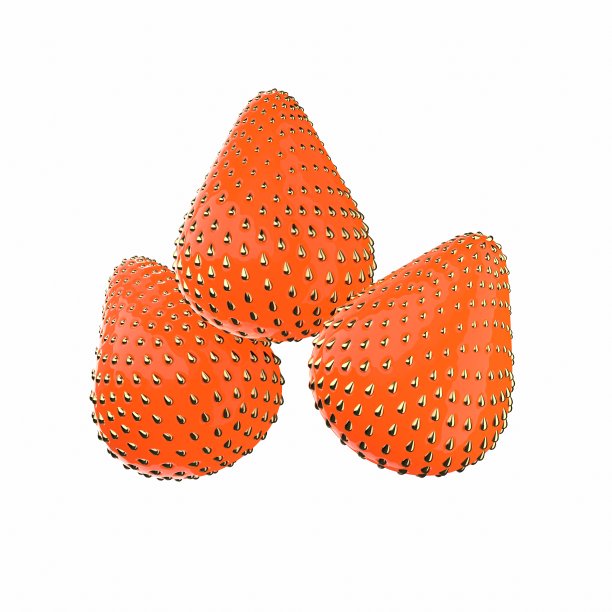 3个多汁的不寻常的草莓。它们的种子是金子做的。抽象的3d插图孤立在白色背景上图片下载