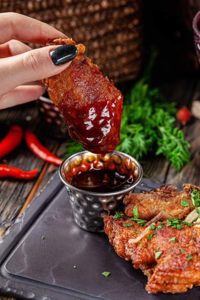 乌克兰风格的欧洲菜。鸡腿和鸡翅，涂上烤肉酱。乡村风格的照片。背景图像，复制空间文本图片下载