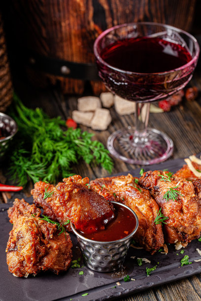 乌克兰风格的欧洲菜。鸡腿和鸡翅，涂上烤肉酱。乡村风格的照片。背景图像，复制空间文本图片下载
